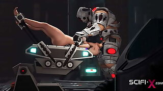 A sexy horny bald girl in cuffs gets fucked overwrought a sex cyborg in the lab