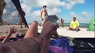 Exhibitionist Wife 511 - Mrs Nuzzle gives us her NUDE BEACH POV view of a VOYEUR JERKING OFF close to front of her and several other men watching!